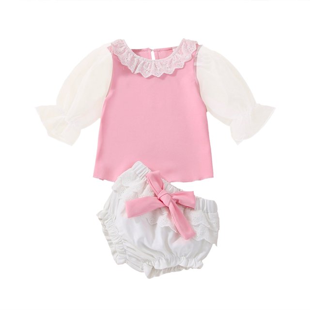 Gibobby Conjunto de sudadera para Niñas Camiseta de encaje de manga larga de tul para Niñass pequeñas, Tops y pantalones cortos(Rosa, 12-18 Meses)