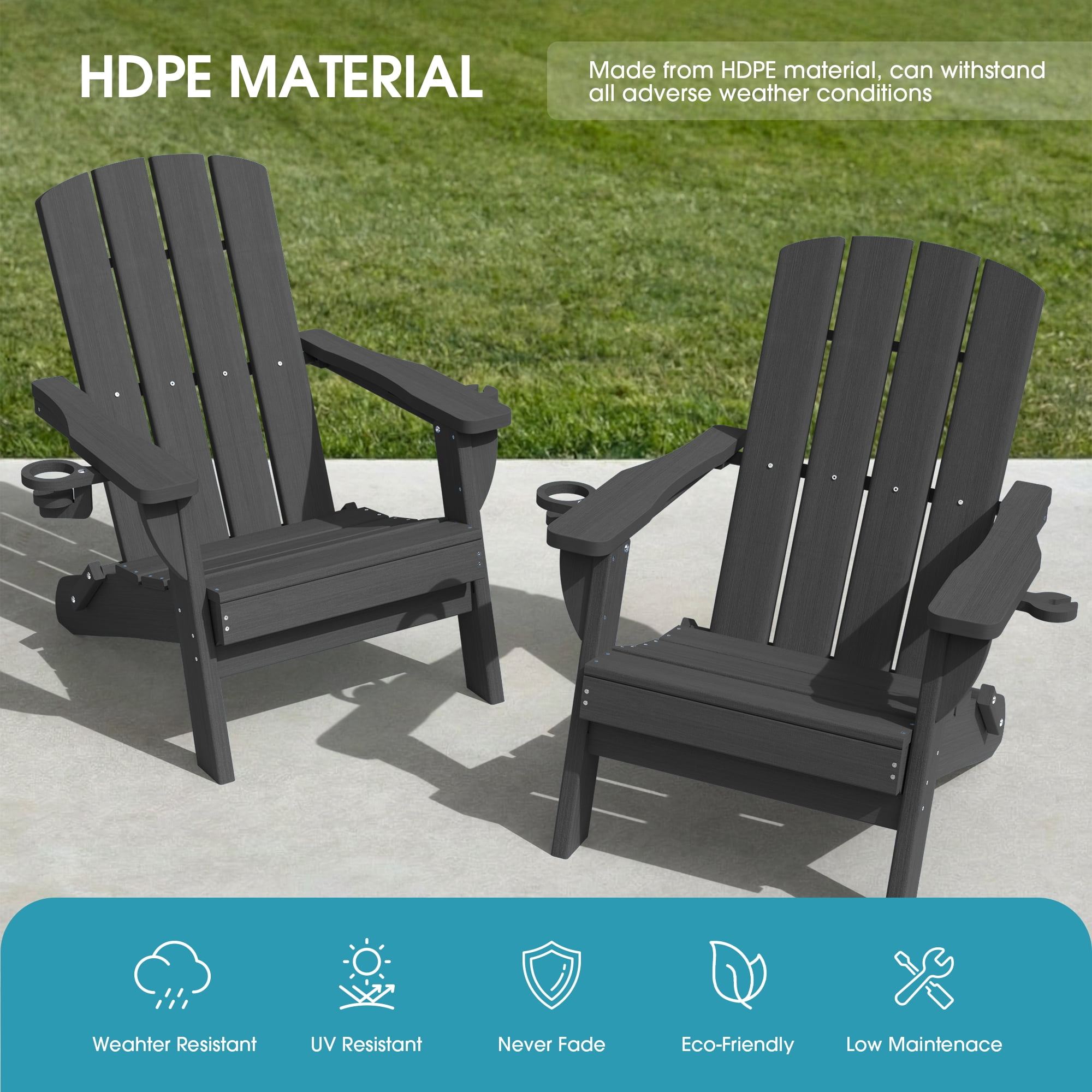 SUUNYN Folding Adirondack Chair, HDPE All-Weather Fire Pit Chairs, Plastic Adirondack Chairs with 2 Cup Holder, Grey