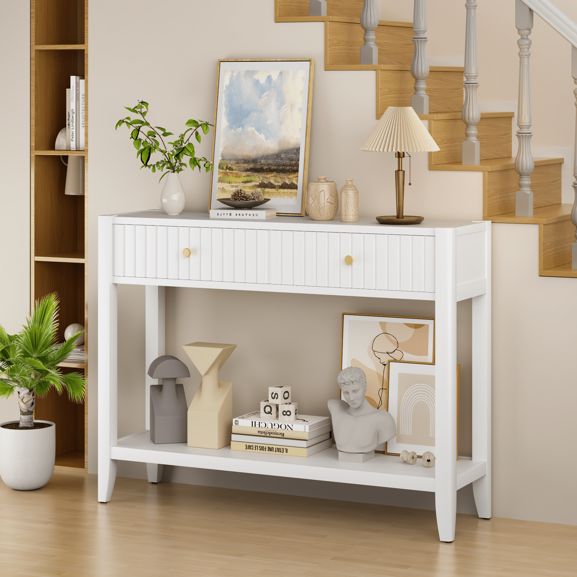 29.53" Tall Console Table with Drawers, Narrow Wood Accent Sofa Table Entryway Table with Storage Shelf for Entryway, Front Hall, Hallway, Living Room, White