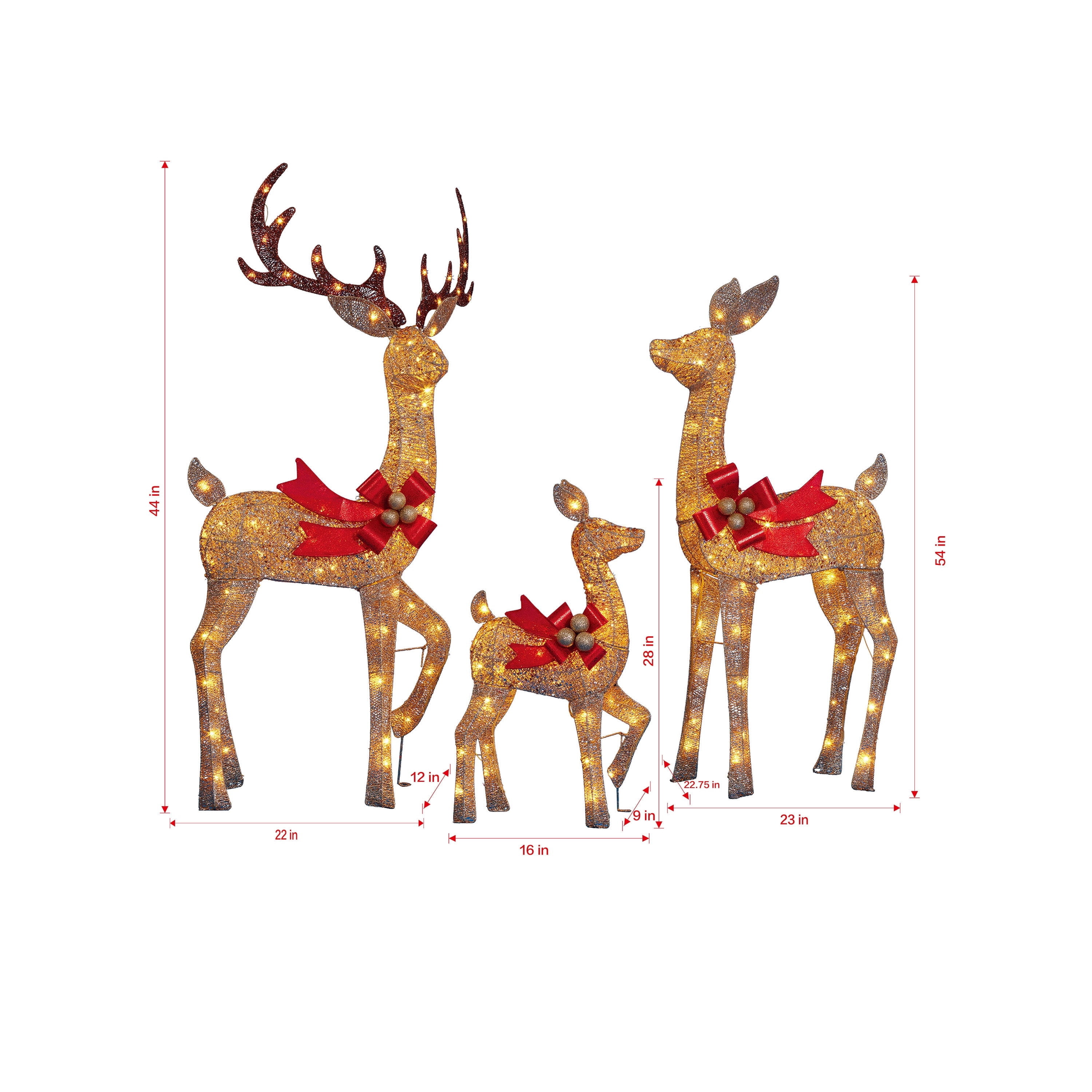 Indoor/Outdoor Light-Up Glitter Deer Family Christmas Decoration with 210 LED Lights, Warm White, Set of 3, by Holiday Time
