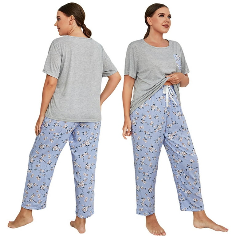 Womens Pajama Set Plus Size Lounge Wear Two Piece,Floral Lounge Pants High  Waist Pajamas Bottom O-Neck Short Sleeve Comfy T Shirt Casual Sleep Shirt
