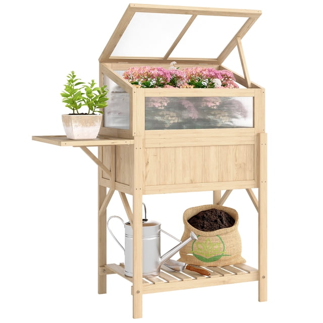Outsunny Jardinière Surélevée avec Cadre Froid, Table Pliante, Naturel