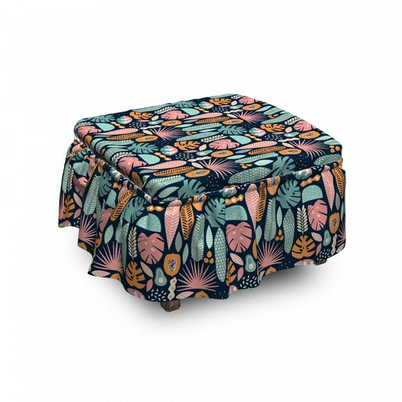 Tropical Ottoman Cover, Ornamental Jungle Elements, 2 Piece Slipcover Set with Ruffle Skirt for Square Round Cube Footstool Decorative Home Accent, Standard Size, Multicolor, by Ambesonne