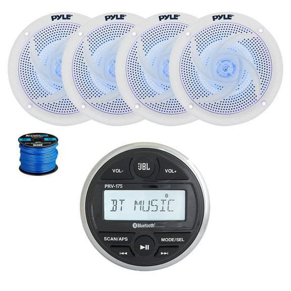 JBL PRV-175 Marine Gauge Mount USB Bluetooth AM/FM Digital Stereo Receiver, 4X 6.5" 240 Watt 2-Way Slim Low Profile Blue Flashing LED Audio Speakers (White) w/ Wire