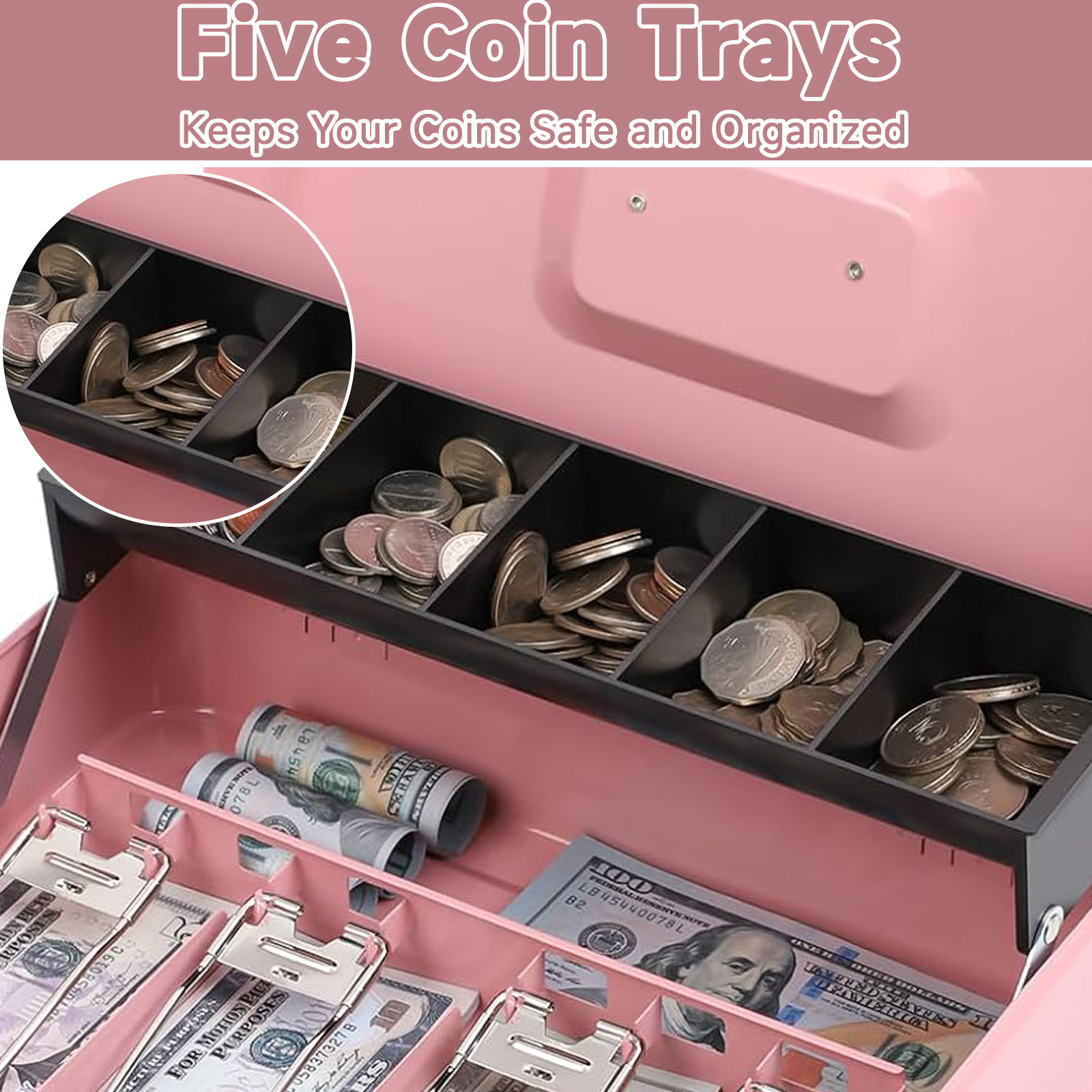 OUTGOO Cash Box with Money Tray and Lock, Metal Money Box for Cash, Key Lock Safe Box, Money Saving Organizer, 11.8" x 9.4" x 3.5", 4 Bill 5 Coin Slots