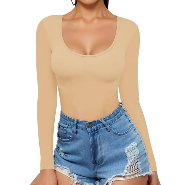 T-shirt Tunique pour Femmes à Encolure Dégagée, Manches Longues, Coupe Ajustée, Tee Crème Blanc m