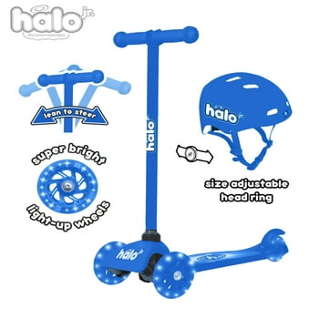HALO Rise Above Jr 3 Wheel Scooter Combo - Blue - Super-Bright Light Up Wheels + Size Adjustable Helmet - Designed For All Riders (Unisex)