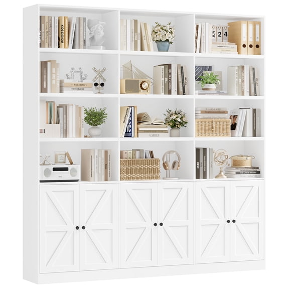 Homfa Triple Row 4 Tier Bookcase with Door, 70" Wide Large Bookshelf with 12 Display Cubicles, 72" Tall Farmhouse Bookcase for Home Office Living Room, White