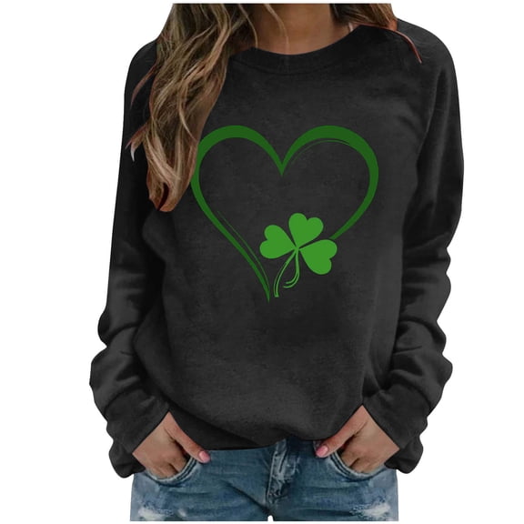 FDGIU ‌‌‌‌Women's Saint Patrick's Day Sweatshirt - Long Sleeve Green Shamrock Print Crew Neck Pullover