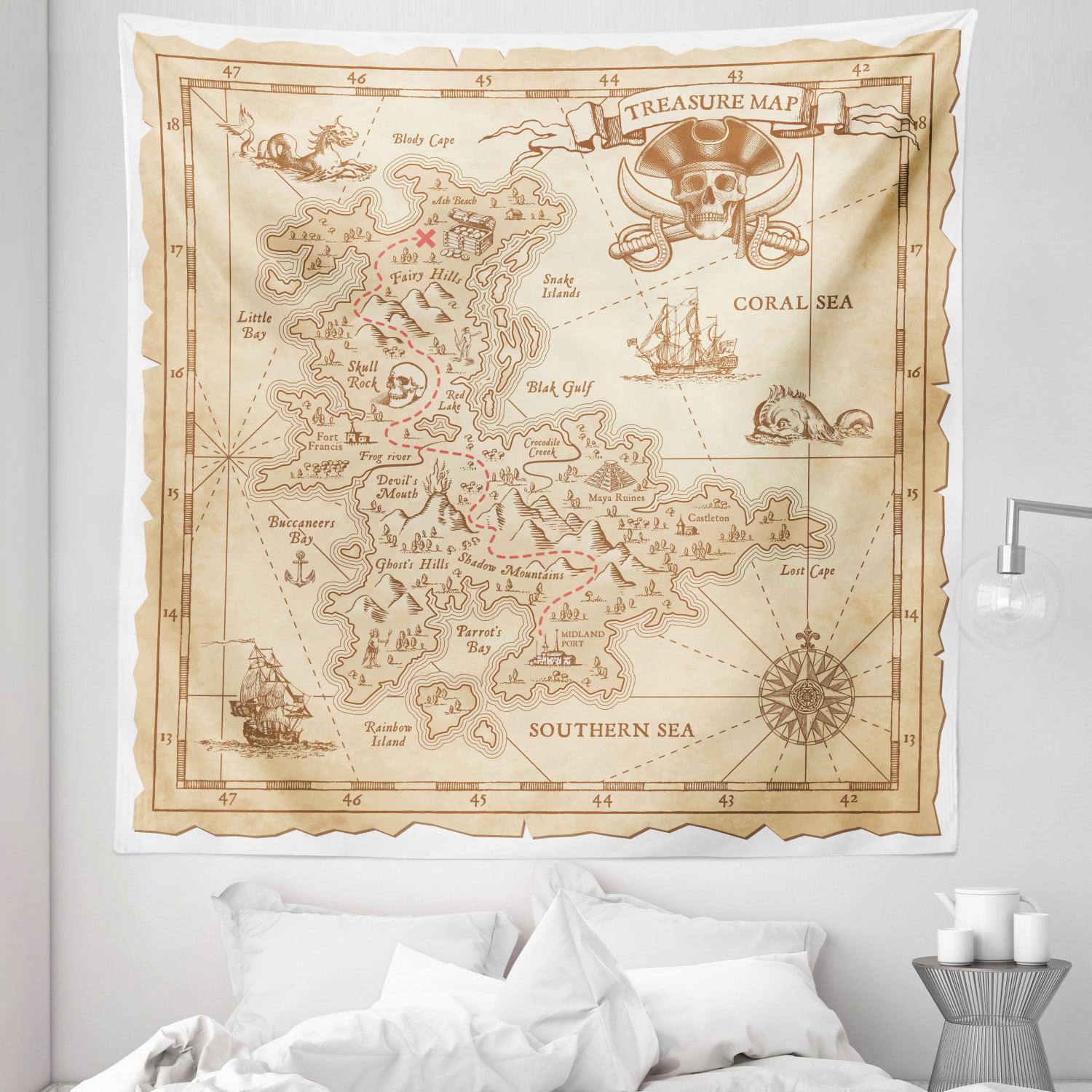 Vintage Pirate Ship Map Bedroom Tapestry Wall Hanging Home Blankets Dorm Decor 