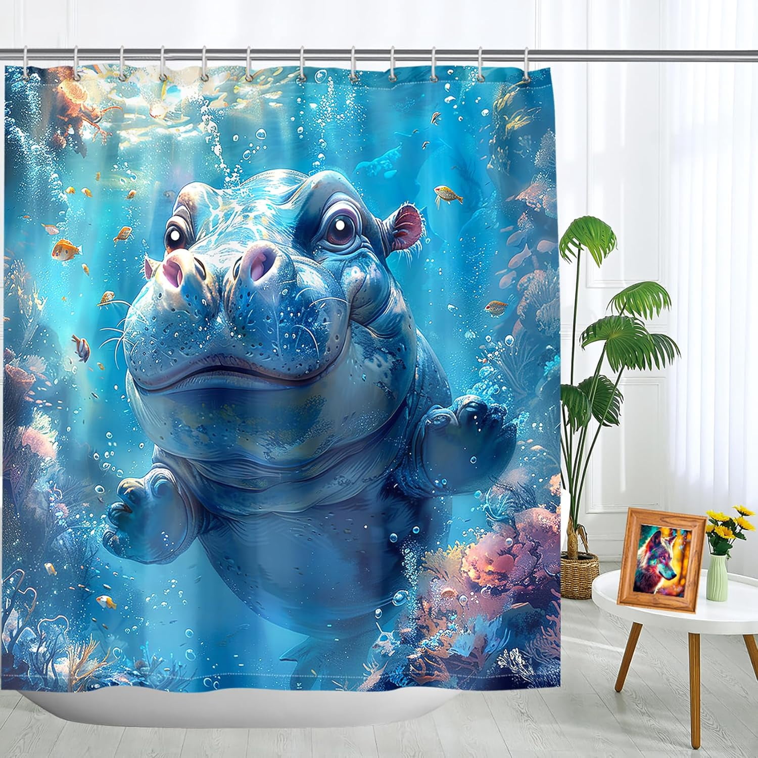 4 Pcs Shark Shower Curtain Set - Shark Bath Curtain, Blue Shark Bathroom Ocean Themed Shower Curtain for Kids Boys Girls, Sea Animal Shower Curtain with Rug, Toilet Cover, Bath Mat with 12 Hooks
