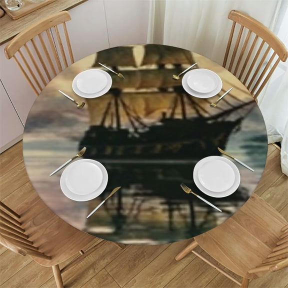 Cool Pirate Ship Print Round Tablecloth, Waterproof Tablecloth Fitted with Elastic Edge Wipe Clean Table