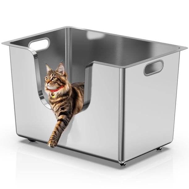 Caja de arena para gatos Ptlom cerrada de acero inoxidable XXL