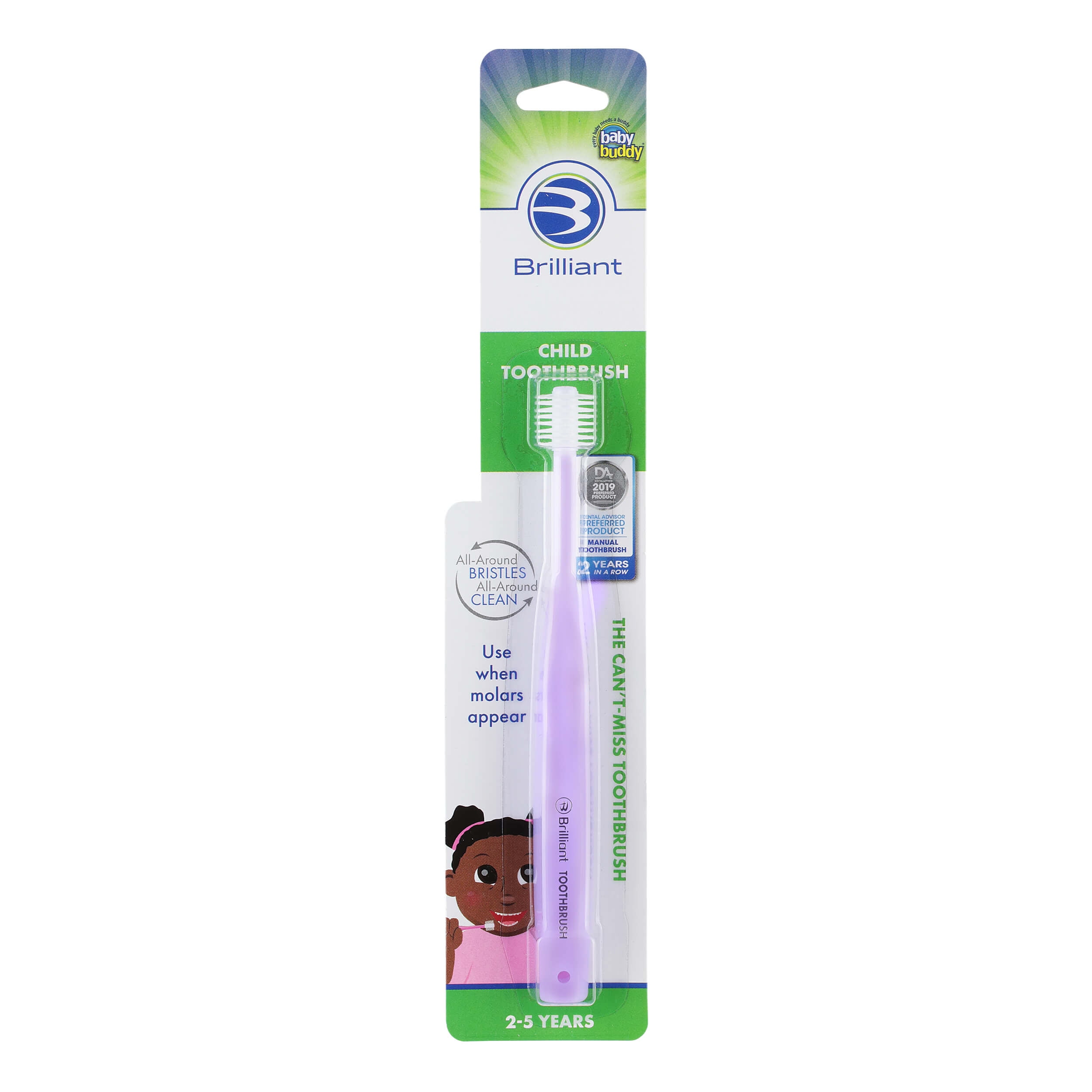 Brilliant Child Toothbrush by Baby Buddy, for Ages 2-5 Years, Round Head, Bristles Clean All-Around Mouth, Lilac, 1 Pack