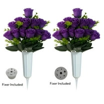 ZULAR 2Set Sympathy Memorial Artificial Graveyard Flower Rose Bouquet with Vase Cemetery Fake Floral Grave Funeral Decor Purple