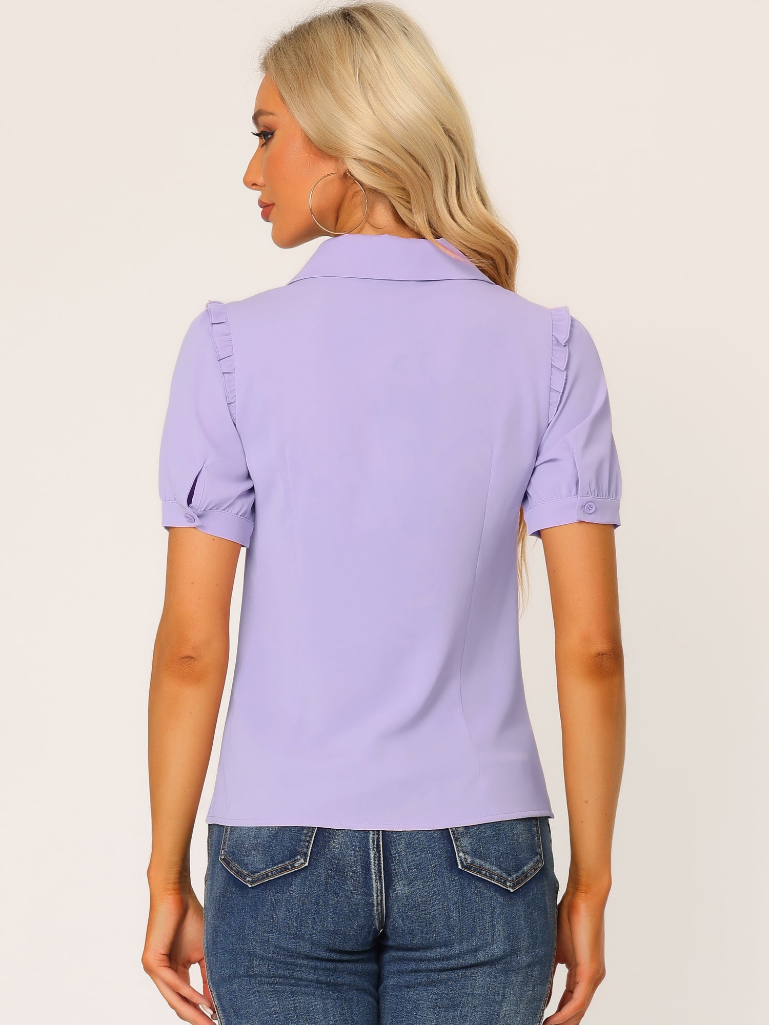 DARING DIVA Women's Peter Pan Collar Short Sleeve Button Front Shirts M Purple