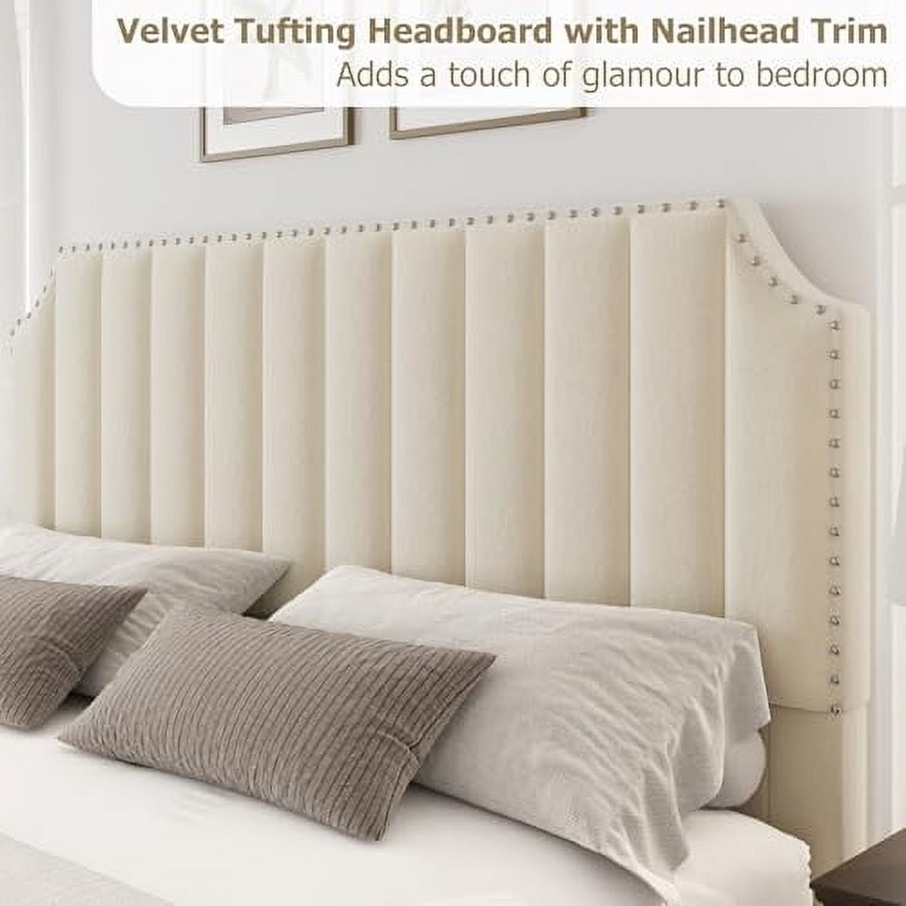 Huisuilinss Queen Bed Frame,Upholstered Platform Bed Frame,Velvet King Size Bed Frame With Nailhead Trim Headboard & Footboard,No Box Spring Needed,Noise Free,Wooden Slats