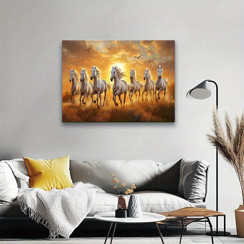 2D Flat, -1pc of Running Seven Lucky White Horses Canvas Wall Art - Wall Painting for Bathroom, Bedroom, Office, Living Room Decoration, Home Decor, Framed