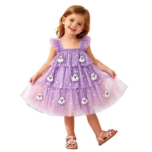 Likimi Toddler Girls Hallowmas Dress With Lace Flutter Sleeve Square Neck Halloween Ghost For Party Comfortable Dresses Size 3-4 Years