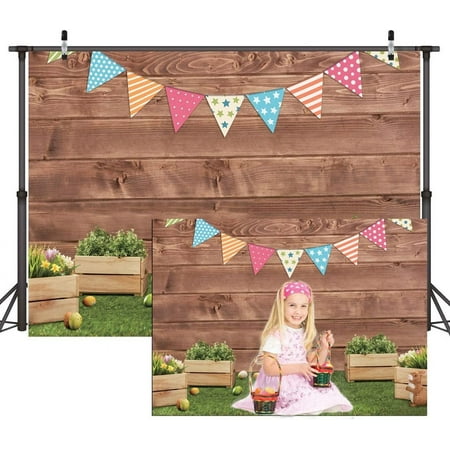 Image of 7x5ft Spring Easter Backdrops for Girls Photography Wrinkle Free Happy Bunny Rabbit Green Grass Brown Wooden Wall Baby Shower Kids Newborn Portrait Background Photo Studio Shooting