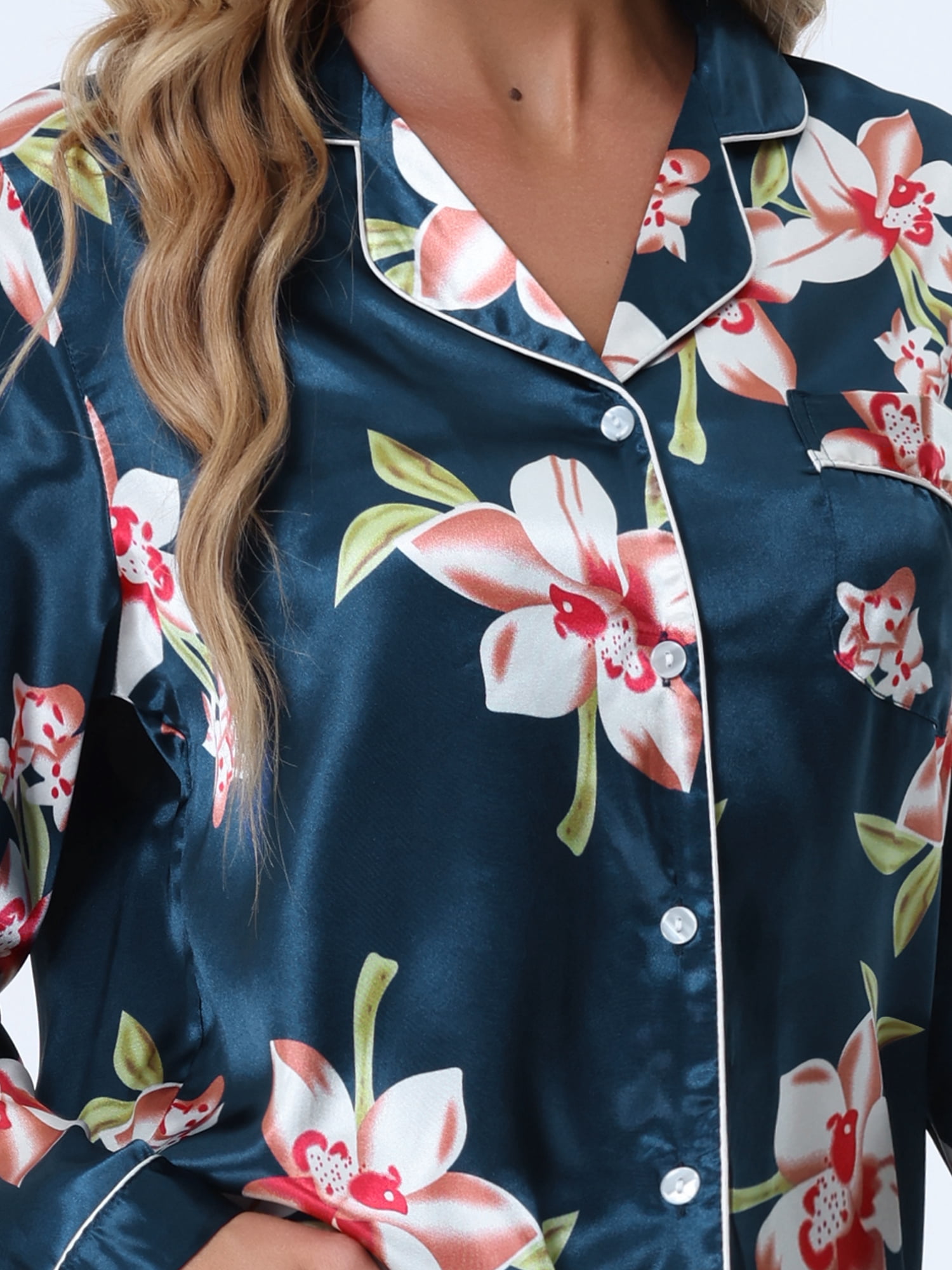 DARING DIVA Women's 2 Pcs Satin Silky Floral Pajama Sets XS Navy Blue