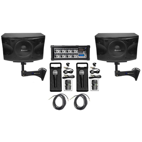 Pair Rockville KPS12 12" 3-Way 1600w Karaoke Speakers Mixer Wall Brackets Mics