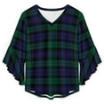 thumbnail image 4 of Modern Cute Blue And Green Plaid Women's V-Neck Blouse With 3/4 Ruffled Bell Sleeves Casual Top Ladies Blouses, 4 of 7