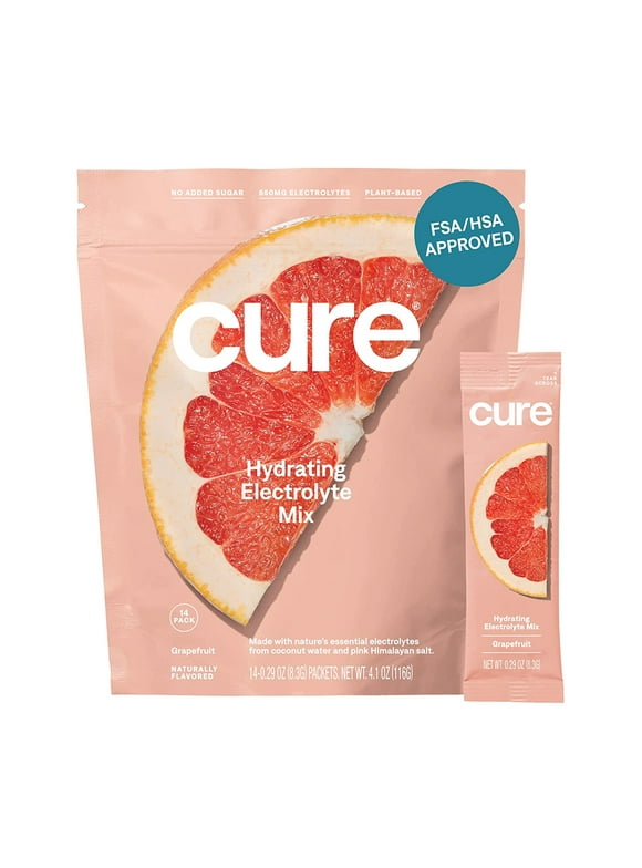 Cure Hydrating Plant Based Electrolyte Mix | Powder for Dehydration Relief | FSA & HSA Eligible | Made with Coconut Water | No Added Sugar | Vegan | Paleo Friendly | Pouch of 14 Packets - Grapefruit