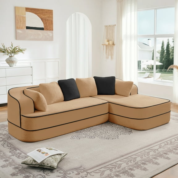 Alvantor 106"Cloud Sectional Couch with Chaise, L-Shape Teddy Fabric Boneless Sofa with Deep Seat, Modern 3-Seat Upholstered Sofa for Living Room,Right Camel