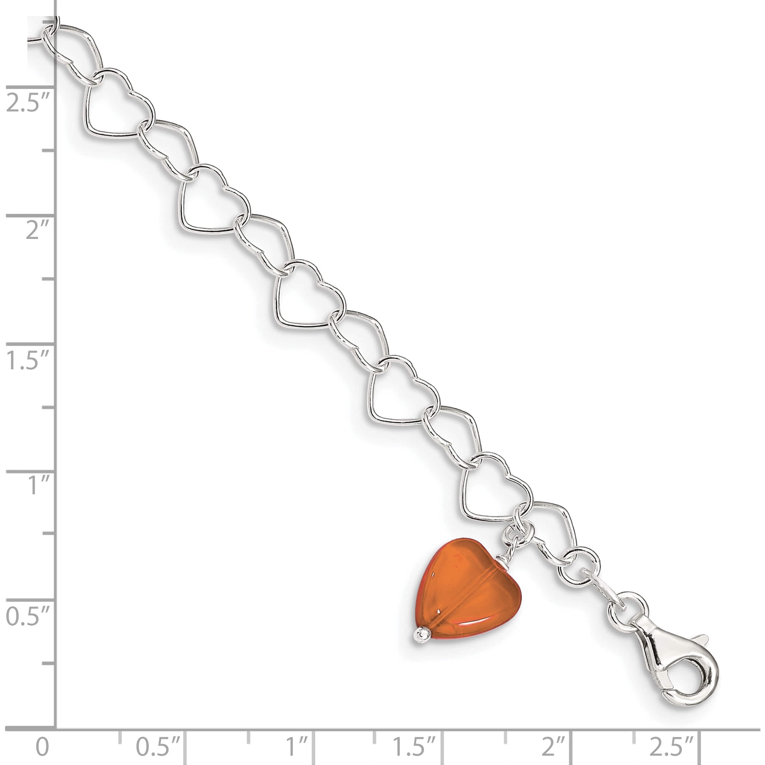 Sterling Silver Link Orange Synthetic Crystal Stone Heart Anklet Made In India qg1347-10