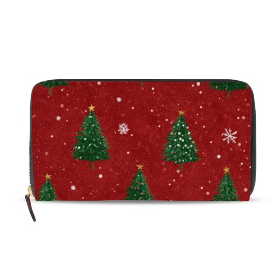 Christmas Trees Red Background Women's Long Zipper Wallet Bifold Clutch Purse PU Leather Card Cases