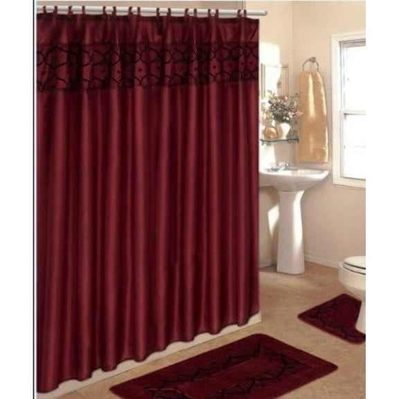 4 Piece Bathroom Rug Set/ 2 Piece Burgundy Flocking Bath Rugs with Fabric Shower Curtain and Matching Mat/Rings