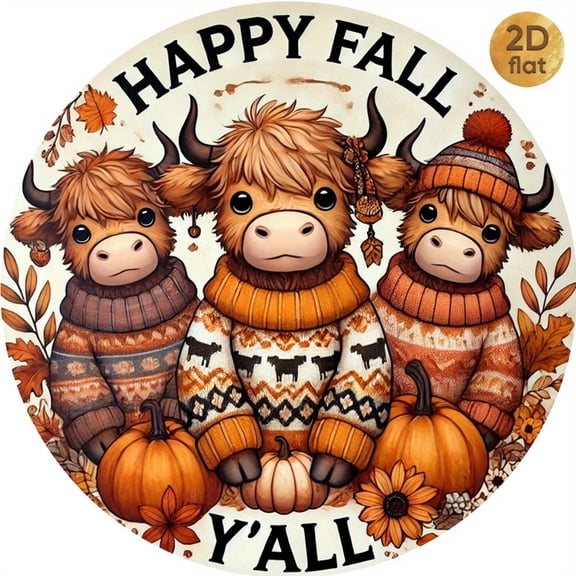 HELLOYOUNG Vintage "Happy Fall Y'All" Highland Cow Wreath Sign - 1pc 7.87x7.87" 2D Flat Round Iron Wall Art, Decor for Bar Cafe Porch Home