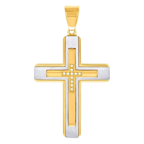 Stainless Steel Yellow-tone Mens Cubic Zirconia Cross Religious Charm Pendant Necklace for Men