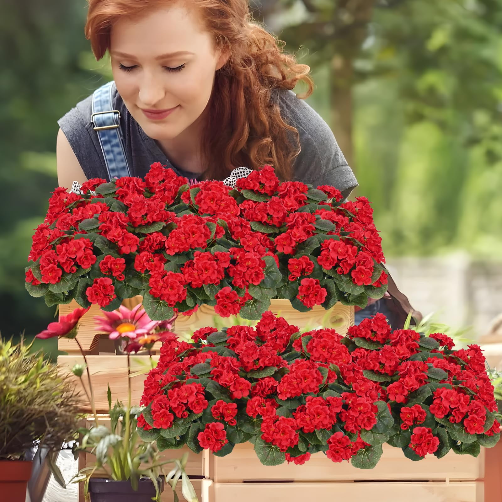 Lyacmy 12Pcs Artificial Geraniums for Outdoors Realistic Artificial Flowers, UV Resistant Red Fake Geraniums Silk Flowers Outdoor Decor