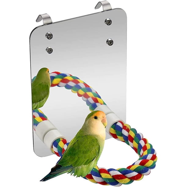 Jaula de cuerda con espejo para pájaros, para loros, periquitos, cacatúas y periquitos, con soporte de color, juguete