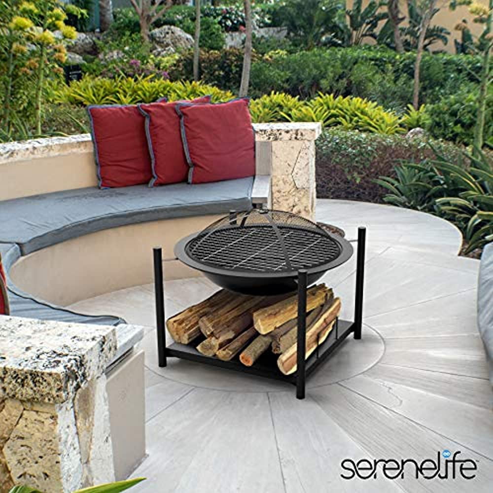 SereneLife Outdoor Wood Fire Pit - Steel BBQ Grill Fire Pit Bowl with Mesh Spark Screen, Cover Log Grate, Wood Fire Poker for Camping, Picnic, & Bonfire