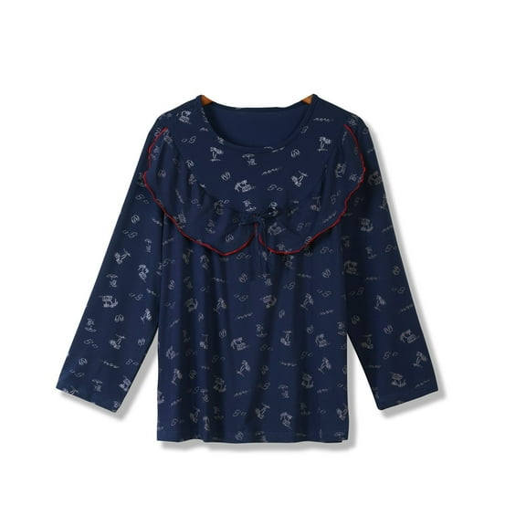 SWSMCLT Women's Cotton Pajama Tops Cute Lounging Ruffle Sleepwear Pajamas Soft Long Sleeve Comfy Spandex Sleeping Navy X-Large
