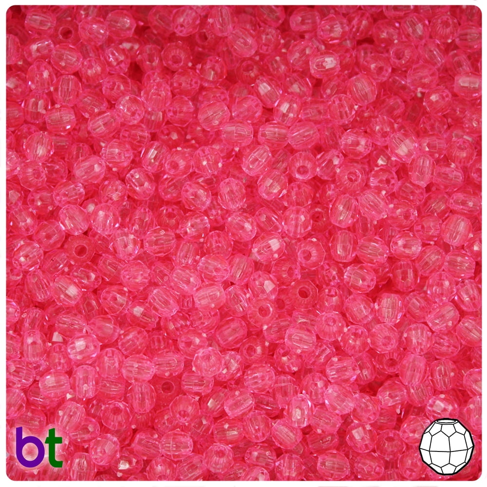BeadTin Medium Pink Transparent 4mm Faceted Round Plastic Beads