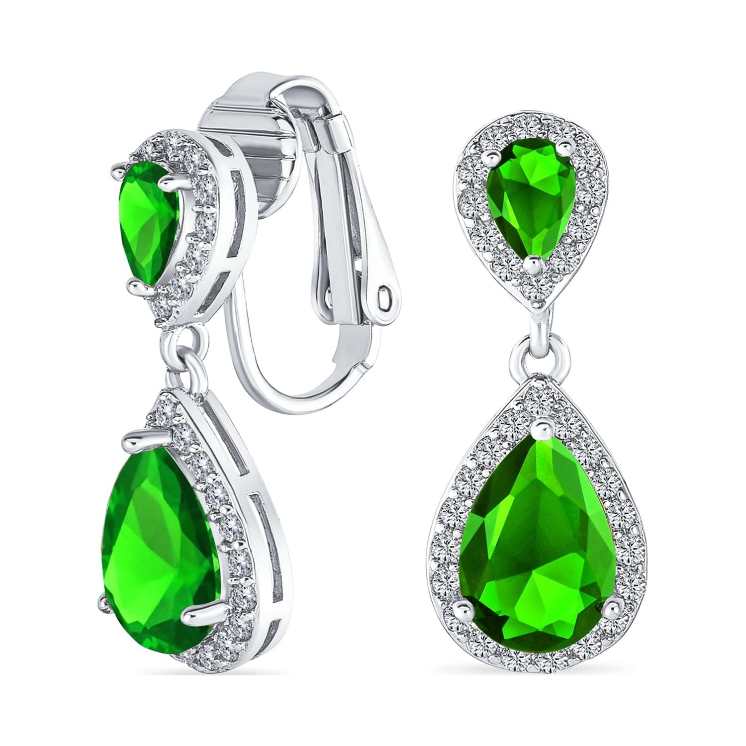 Cubic Zirconia Clip On Emerald Earrings Green Teardrop CZ Halo
