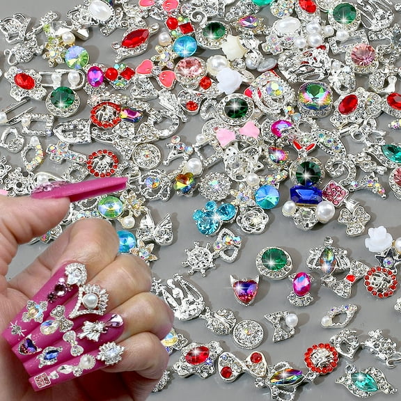 50pcs 3D Acrylic Nails Charms for Mix Styles Rhinestones for Nails Metal Nail Jewels for Nail Art Shiny Zircon Nail Rhinestones Alloy Nail Charm Pearl Nail Gems Cute Charms for Nails Design