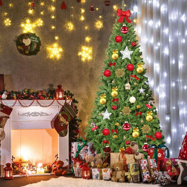 Gymax 9 Ft Unlit Artificial Christmas Tree Hinged Spruce Xmas Tree W Metal Stand Walmart Com