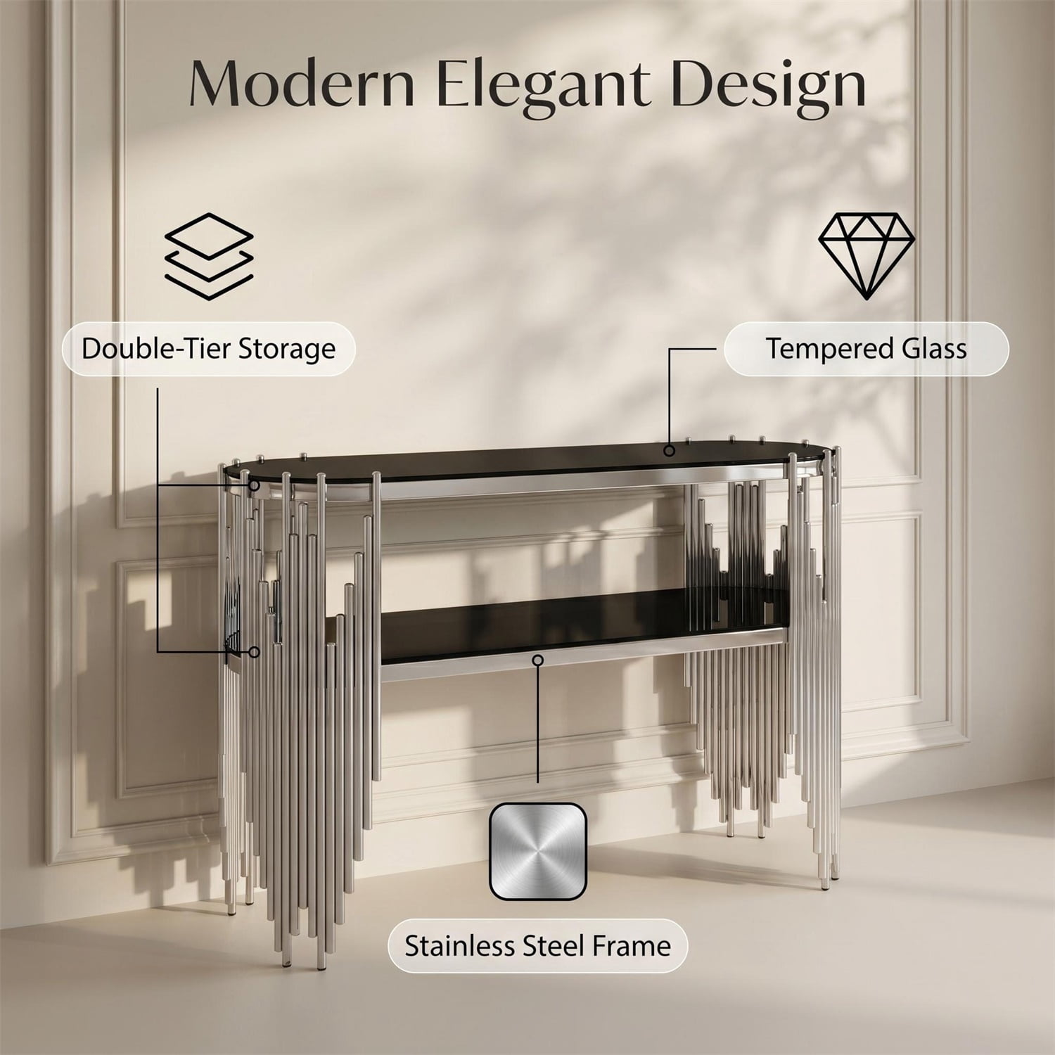 Hommoo Modern Oval Console Table with 2-Tier Tempered Glass Shelves & Polished Stainless Steel Frame, Luxury Entryway Table for Hallway, Living Room, or Behind Sofa, Black & Sliver