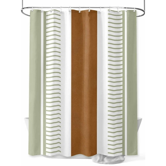Boho Sage Shower Curtain, Green and Brown Striped Geometric Retro Farmhouse Waterproof Shower Curtain Set with 12 Hooks Lightweight Washable Fabric Shower Curtains for Bathroom 36x72 Inches