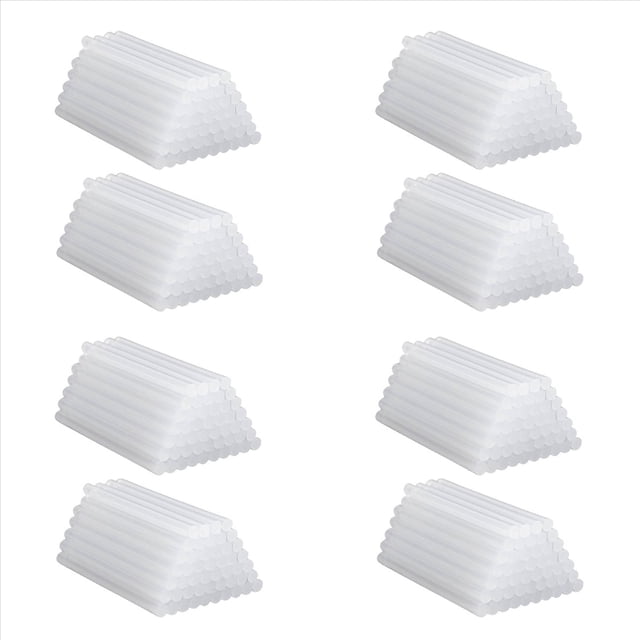 400Pcs Hot Melt Glue Sticks 7mmx100mm made from EVA resin, displayed in eight neatly stacked bundles. These ultra-strong, clear adhesive sticks are ideal for craft supplies, repairs, and DIY projects, compatible with high, low, and multi-temperature glue guns. Suitable for crafting decorations, repairing glass or ceramics, and creating outlines for painting.