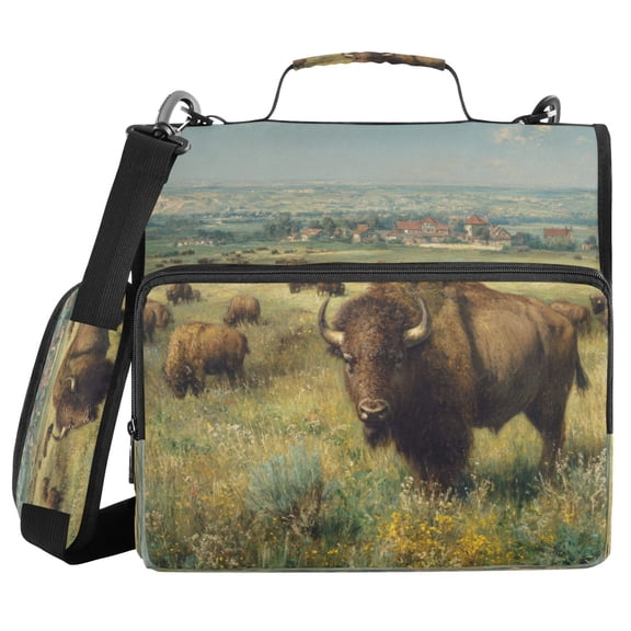 Water-Resistant 3-Ring Binder Organizer with Multiple Pockets Zipper Binder Bag for Office Buffalo Herd Oil Painting