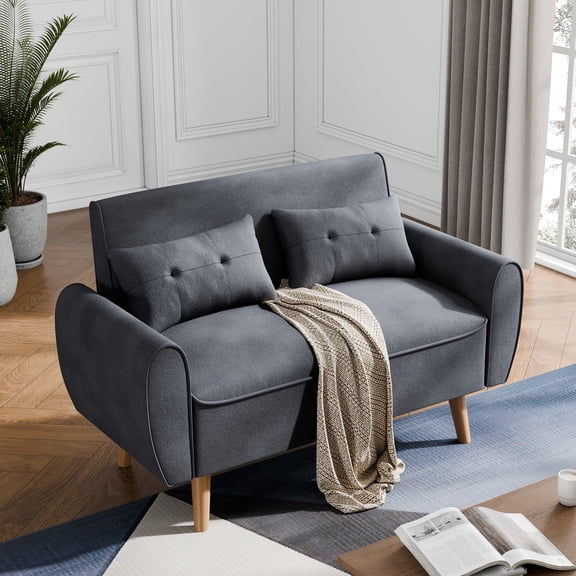 Walsunny 47" Loveseat Couch Sofa, 2-Seat Fabric Upholstered Sofa with 2 Removable Pillows, Love Seat Couch, Wood Leg, Dark Grey