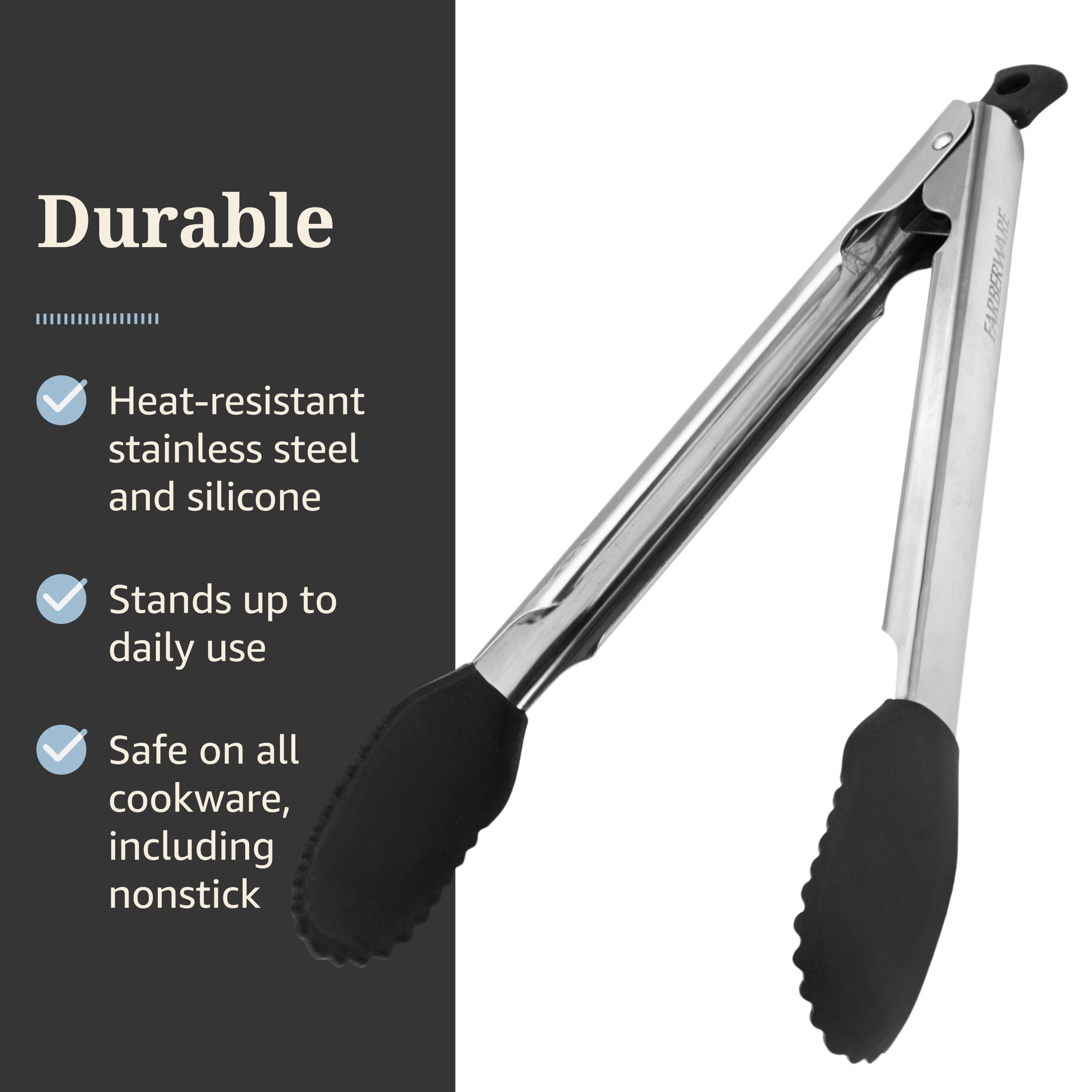 Farberware Professional 12.5-inch Locking Stainless Steel Food Tongs with Silicone Tip Black