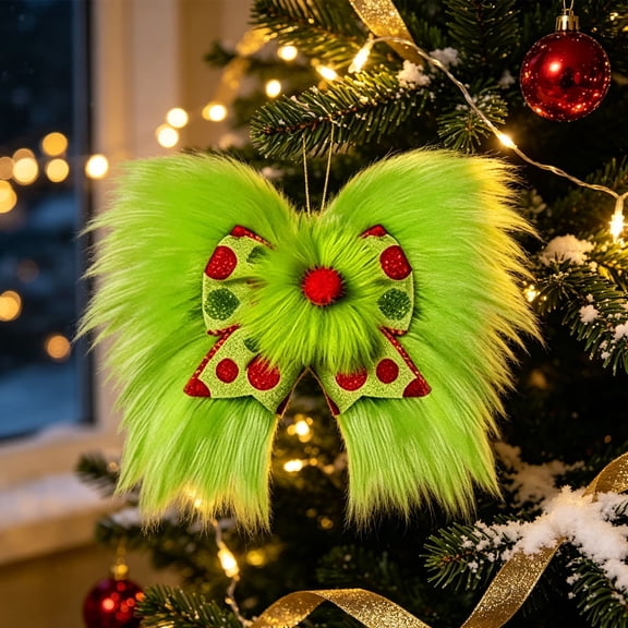 Green Monster Christmas Bow Ornament, Plush Bow Decoration for Christmas Tree Wreath Mantel and Front Door, Festive Holiday Home Decor