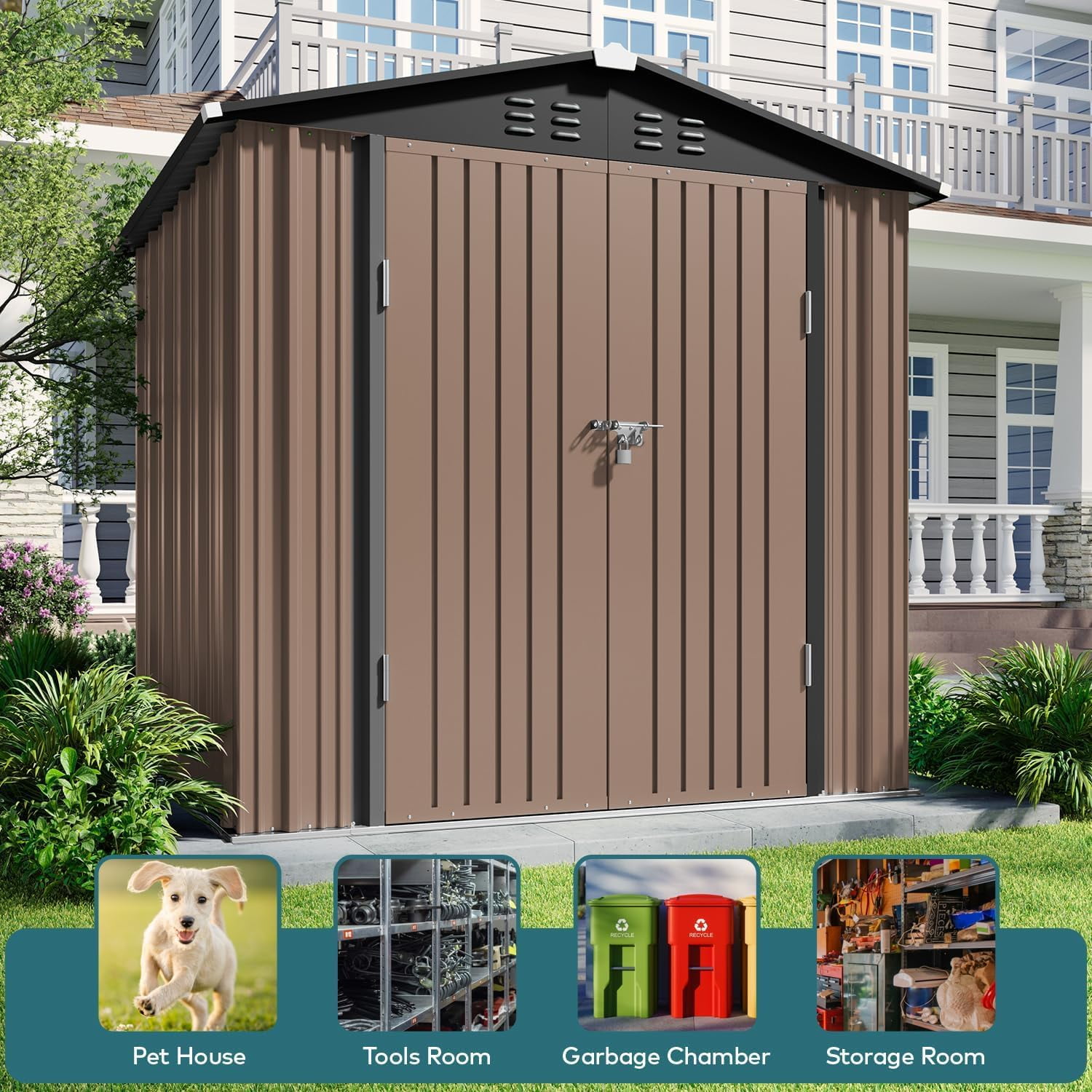 Lofka 6' x 4' FT Outdoor Storage Shed, Outside Metal Tool Shed with Lockable Doors ,Light Brown